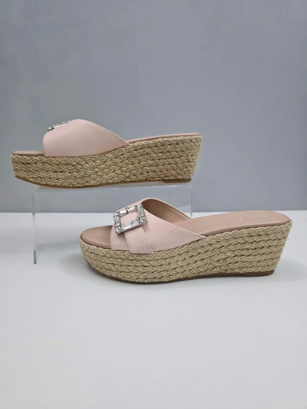 Stuart Weitzman June 75 Espadrille Wedge Sandal Size 9 Blush Pink Crystal Buckle